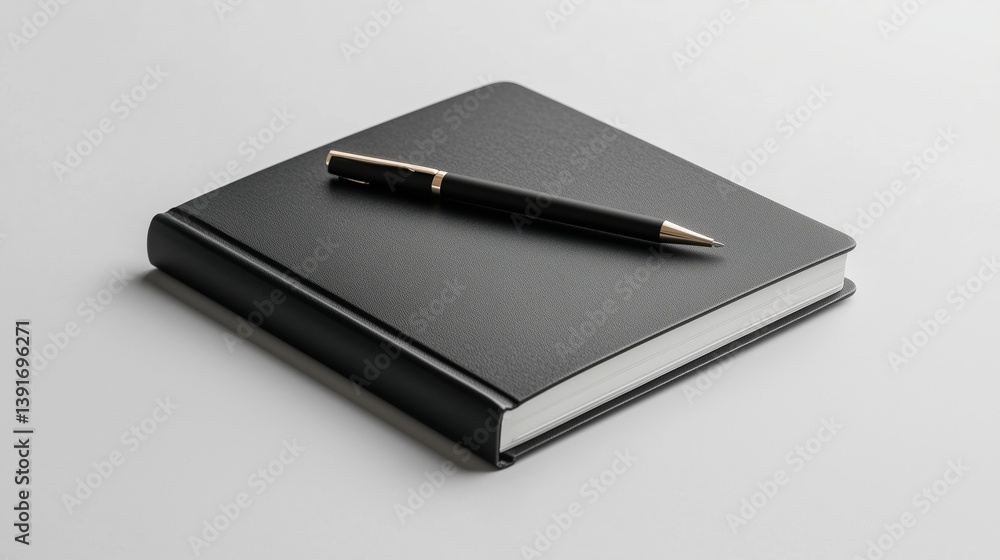 Black notebook with pen on minimalist background for office or school theme Black notebook with pen on minimalist background for office or school theme