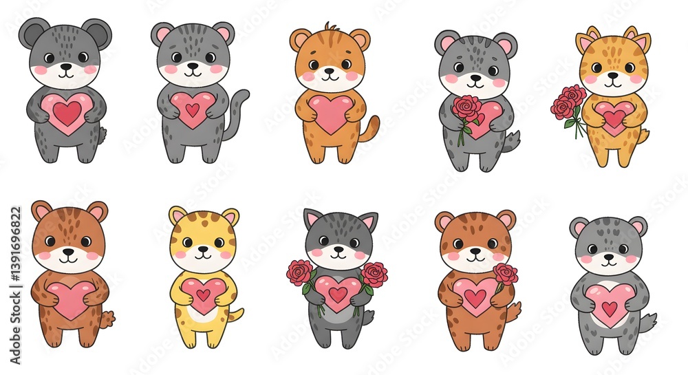 Adorable Animal Valentine's Day Collection: Cute Cartoon Critters Holding Hearts and Roses