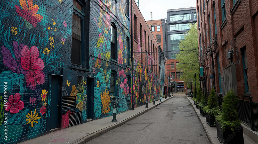 Fototapeta premium A vibrant street mural in an urban alley bursting with color