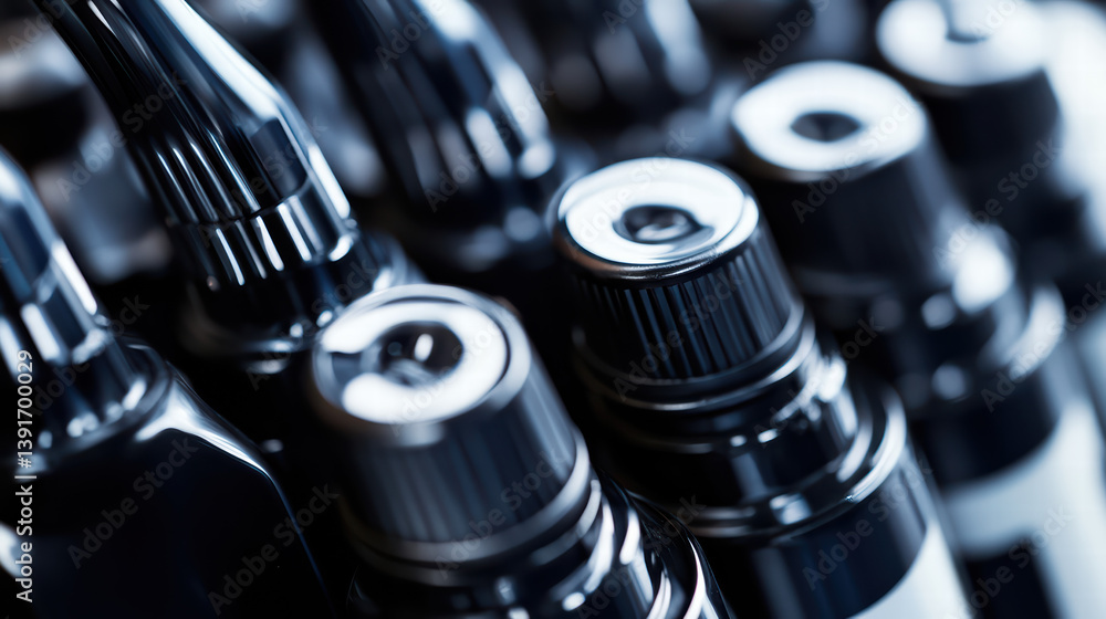 Close-up of Glass Dropper Bottles: A macro shot of a row of glass dropper bottles with black lids, each capturing the intricacies of the glass, light, and the design of the bottles. Close-up of Glass Dropper Bottles: A macro shot of a row of glass dropper bottles with black lids, each capturing the intricacies of the glass, light, and the design of the bottles.