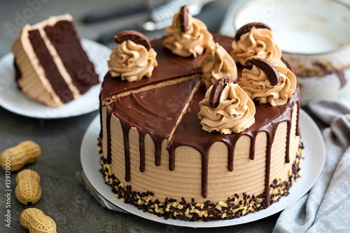 Chocolate peanut butter cake with frosting and chocolate glaze