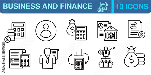 Title Set of 10 Business and Finance web icons in line style. accounts,
profile user,
profit,
bank account,
statements,
document,
accountant,
data analysis
organization,
finance
. Vector illustration.