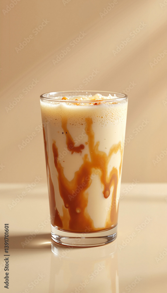 Iced caramel milkshake with sauce swirl on beige background Iced caramel milkshake with sauce swirl on beige background