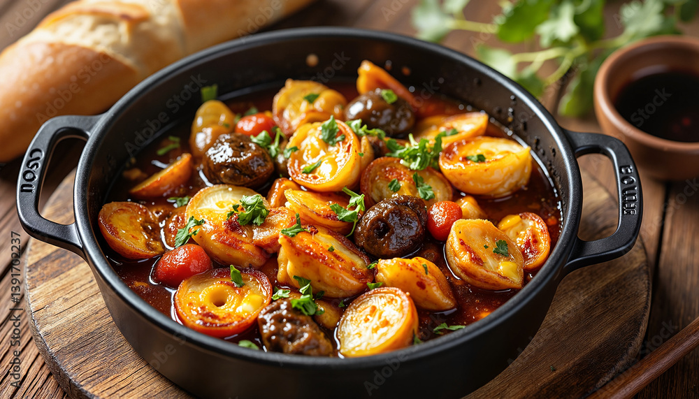 Hearty sausage and potato stew with herbs in black pot Hearty sausage and potato stew with herbs in black pot