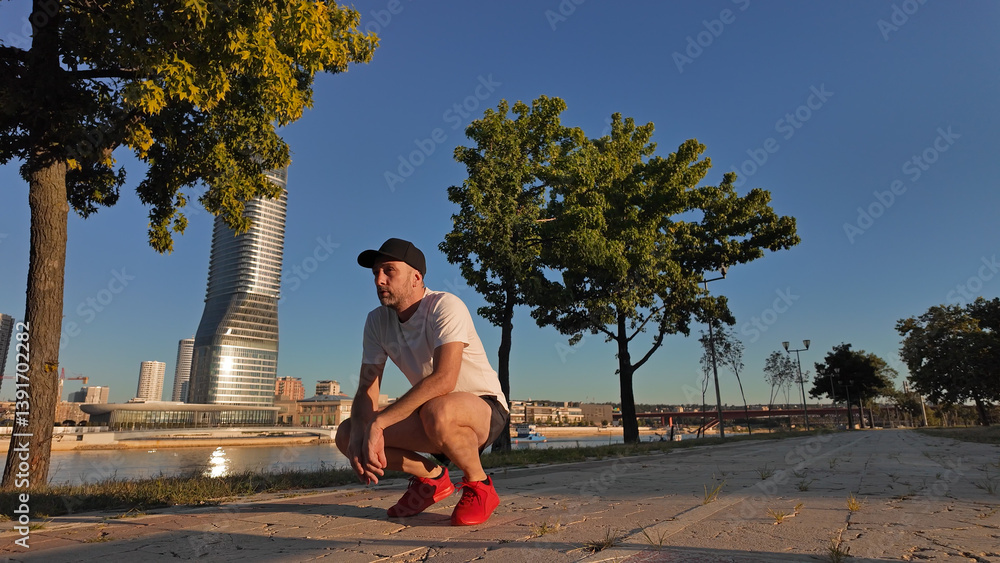 Man taking a break after exercising and jogging in an urban park during sunset hours.