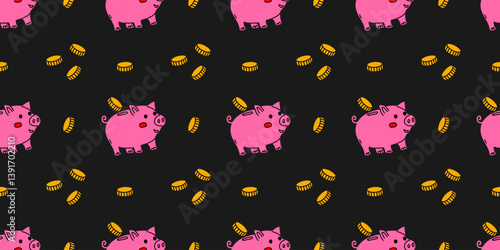Colorful pattern featuring cartoon pigs and coins on a dark background with a playful theme