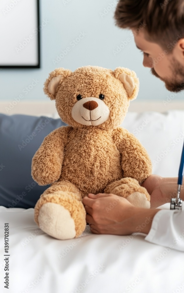 Doctor Kneeling to Speak Eye to Eye with Stuffed Bear in Medical Setting Doctor Kneeling to Speak Eye to Eye with Stuffed Bear in Medical Setting