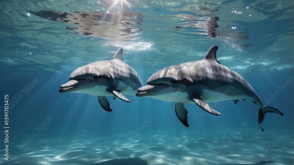 Fototapeta premium Two dolphins swimming in clear blue ocean water with sunlight streaming through the surface