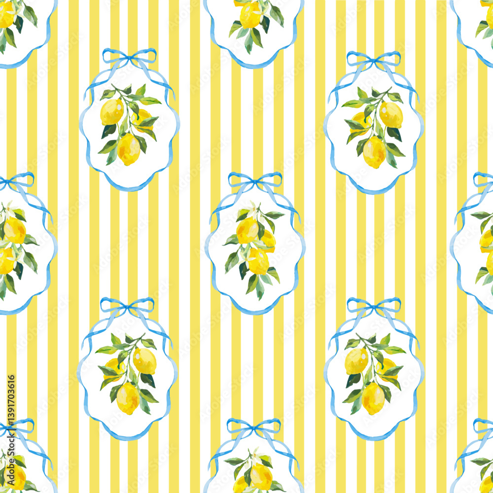 Fototapeta premium Beautiful vector seamless checkered pattern with bows and lemons. Composition with vintage bows and handmade ribbons. Blue ribbon on a yellow striped background.