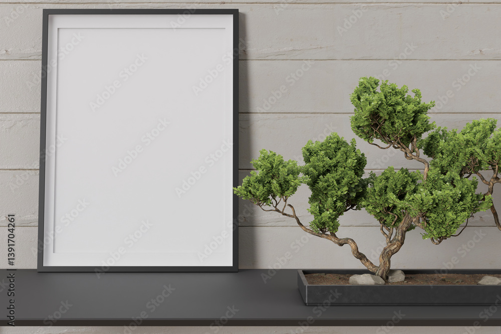 Fototapeta premium Elegant interior showcasing an empty picture frame alongside a beautifully shaped bonsai plant placed on a modern black shelf against a wooden wall, offering a perfect mockup for display. 3D render.