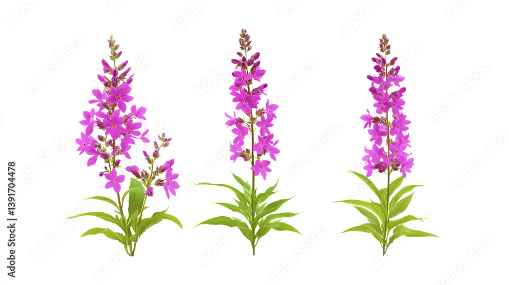 Fototapeta premium Pack of Loosestrife set of Three Different Poses set Against Transparent Background for Floral, Garden, or Nature Promotion Projects