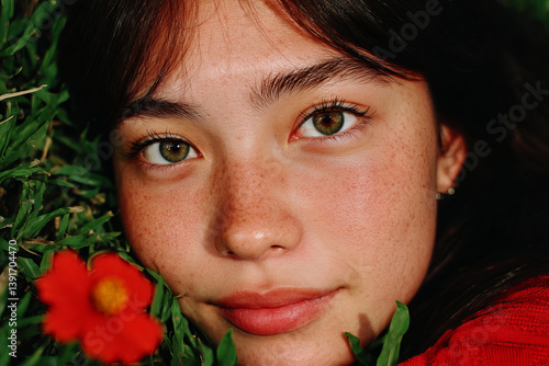 Enchanting woman in a witch costume holding hummingbird in garden