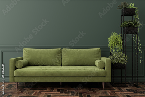 Fotografija Contemporary interior showcasing a plush green sofa that offers comfort and style