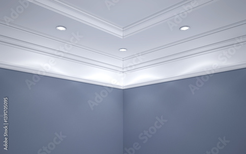 The ceiling is white with cornice and spotlights, the walls are blue. 3D Render.