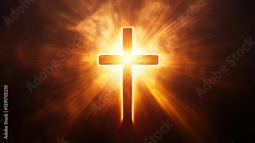Shining cross at the center of a radiant sunburst, symbolizing faith and hope, detailed lighting effect, highcontrast religious concept, premium stock image