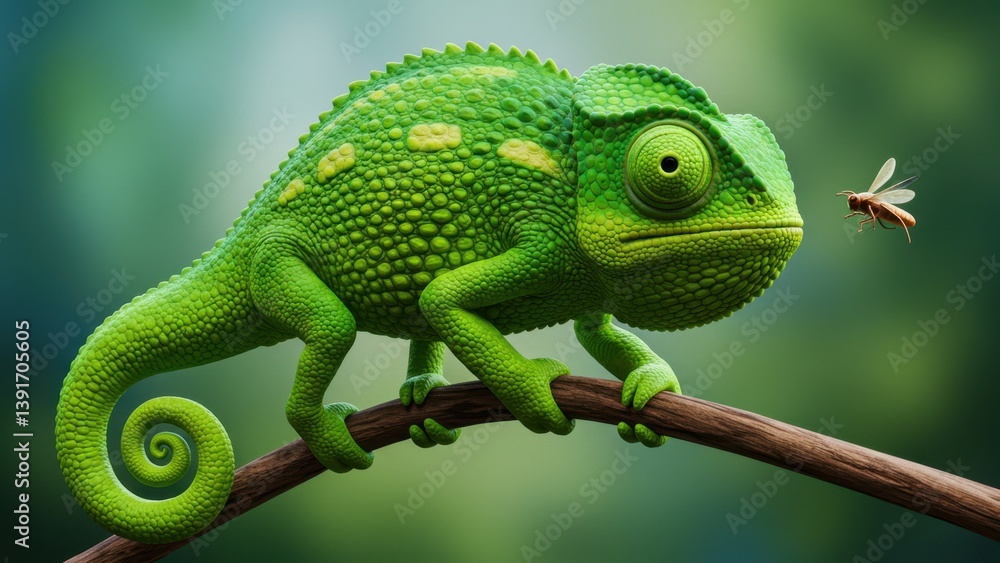 Fototapeta premium A vibrant green chameleon perched on a branch, eyeing a small insect.