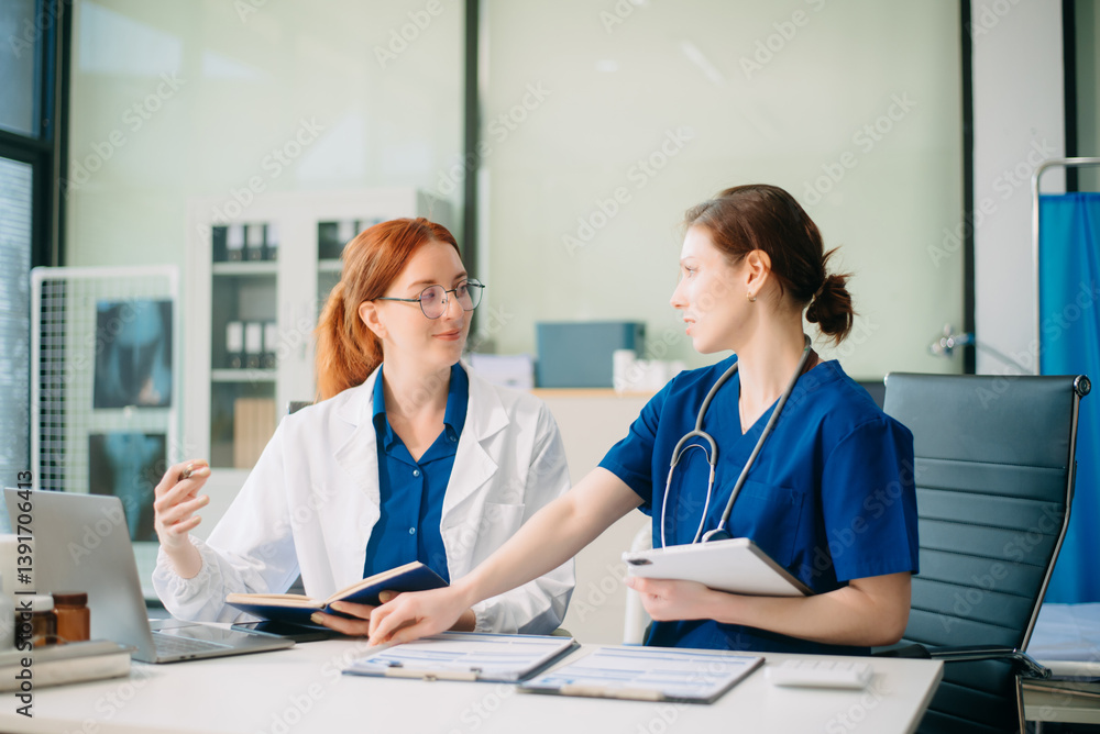 Medical team in hospital using digital tablet for diagnosis, teamwork, and patient care doctor and nurse collaboration Medical team in hospital using digital tablet for diagnosis, teamwork, and patient care doctor and nurse collaboration