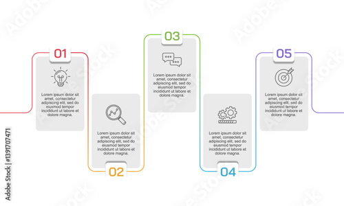Continuous line with element infographic 5 steps. Presentation, Banner, Plan and Strategy. Vector illustration.
