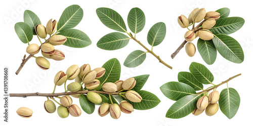 Pistachio Branch Display: A detailed, high-angle view showcases multiple pistachio branches laden with fresh, green nuts and vibrant leaves, offering a visually appealing arrangement