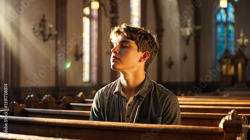 Christian catholic young man pray to god in church. Religion belief faith worship