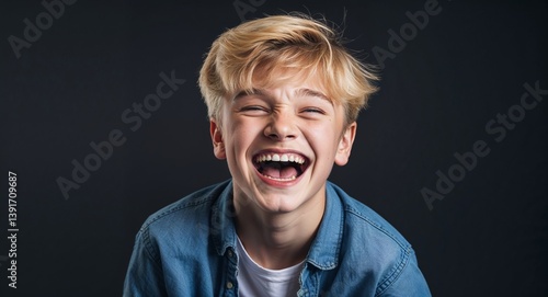 blonde teen boy on black plain bright background happy laughing hysterical looking at camera portrait banner with copy space ad concept marketing