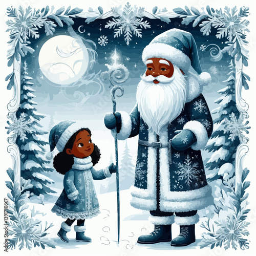 Santa Claus and a young girl are standing close, creating a joyous scene of the winter holiday season