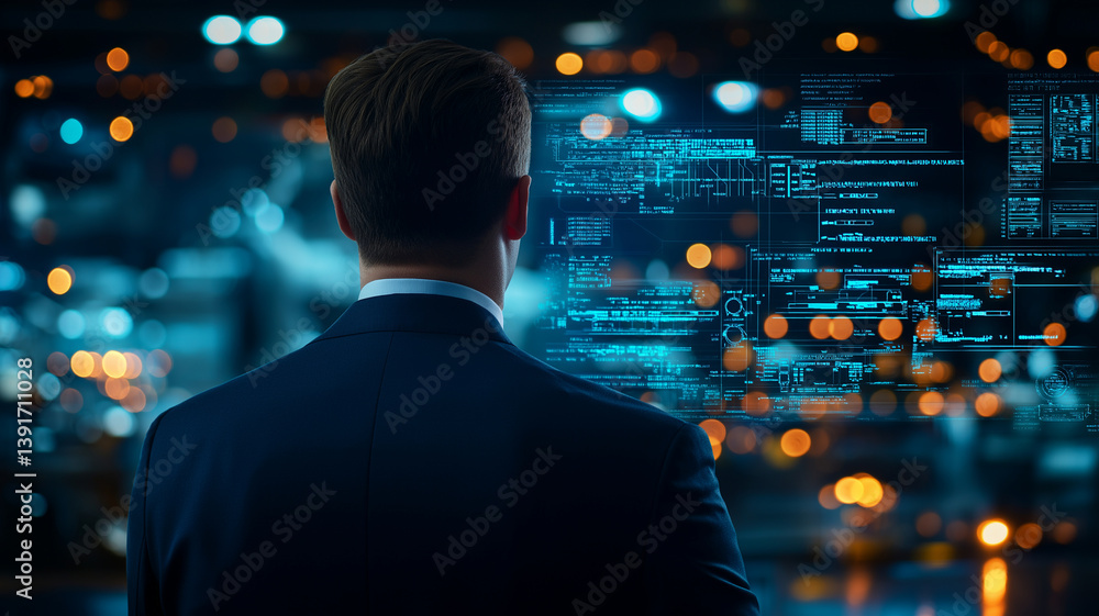 man in suit observes holographic data displays in futuristic setting, showcasing technology and innovation. atmosphere is filled with glowing lights and digital information man in suit observes holographic data displays in futuristic setting, showcasing technology and innovation. atmosphere is filled with glowing lights and digital information