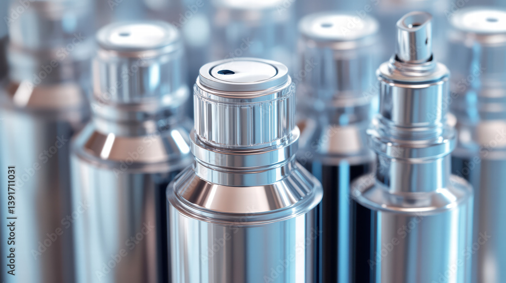 Metallic Cylinder: A close-up shot of sleek, metallic cylinders, their polished surfaces reflecting the ambient light. The scene evokes a sense of industrial design and precision engineering. Metallic Cylinder: A close-up shot of sleek, metallic cylinders, their polished surfaces reflecting the ambient light. The scene evokes a sense of industrial design and precision engineering.