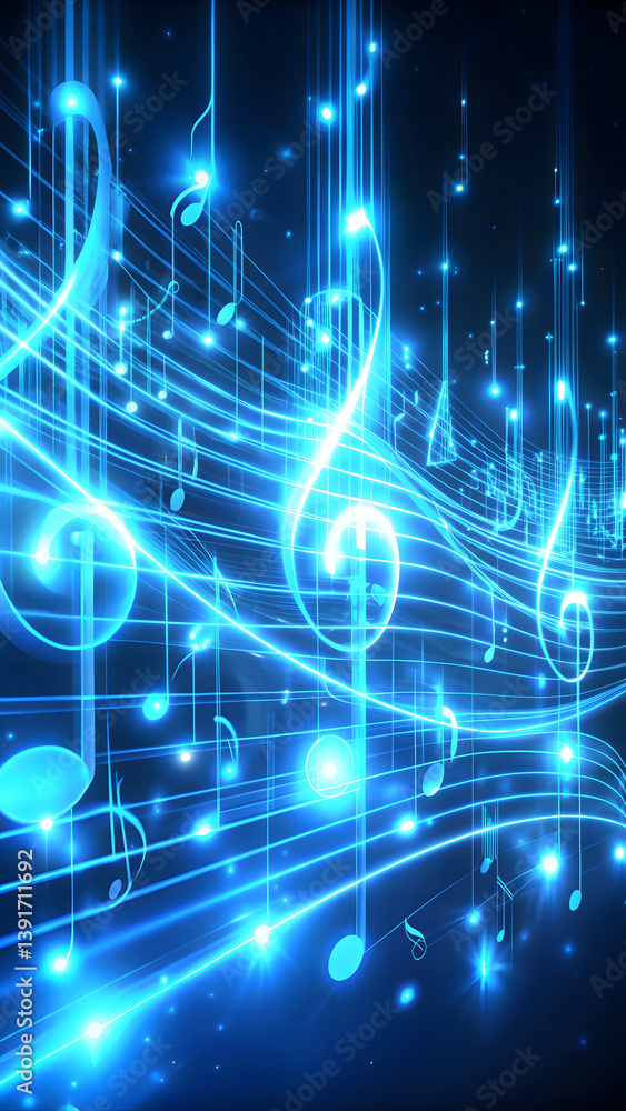Fototapeta premium Ethereal Neon Blue Music Notes Flowing on a Digital Soundwave Background – Fantasy Art
