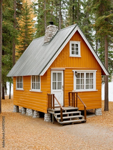 Charming Yellow Wooden Cabin in Autumnal Forest