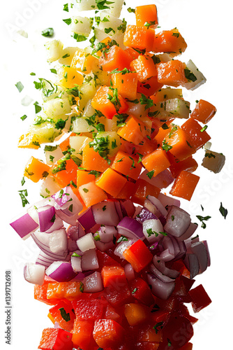 Vibrant diced vegetables cascading on transparent background, premium food ingredient for culinary styling, healthy recipe design and meal preparation visuals