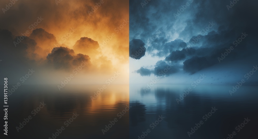 Naklejka premium Dramatic Sky Over Water Featuring Two Different Color Temperatures