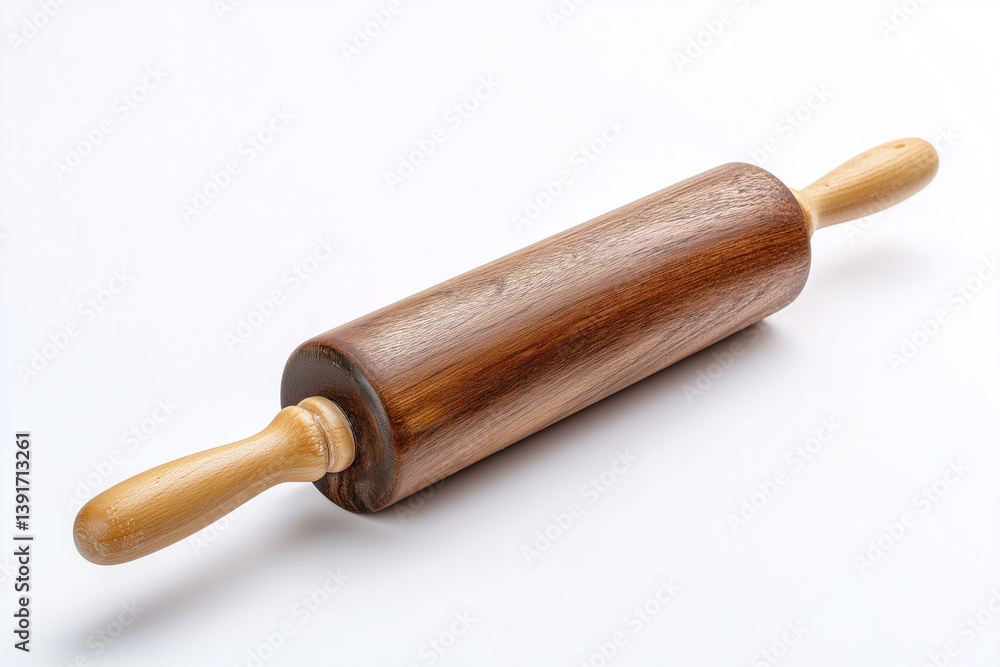Wooden rolling pin for baking displayed on a clean surface in a well-lit kitchen setting Wooden rolling pin for baking displayed on a clean surface in a well-lit kitchen setting