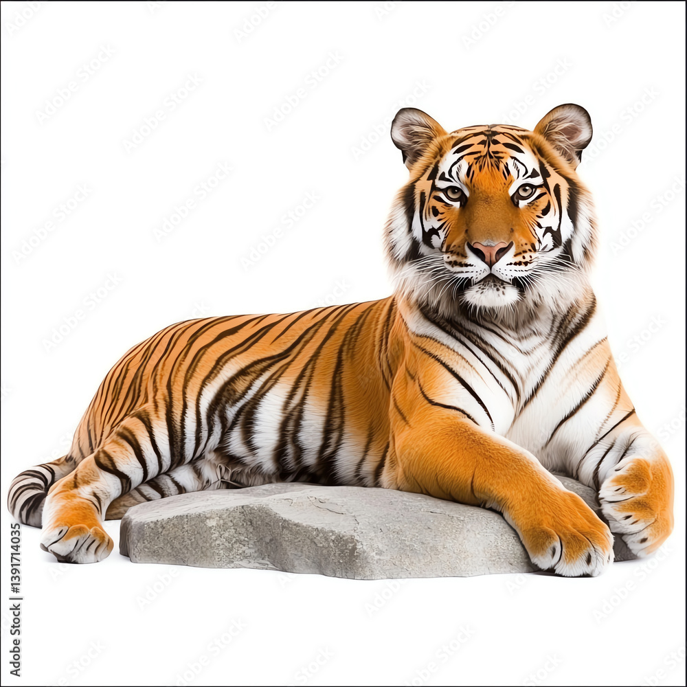 Obraz premium A majestic tiger lounging on a rock, showcasing its vibrant orange and black stripes against a white background.