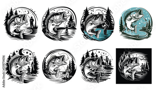 Moonlit Catch: Outdoor Fishing Scene in Bold Black & White 