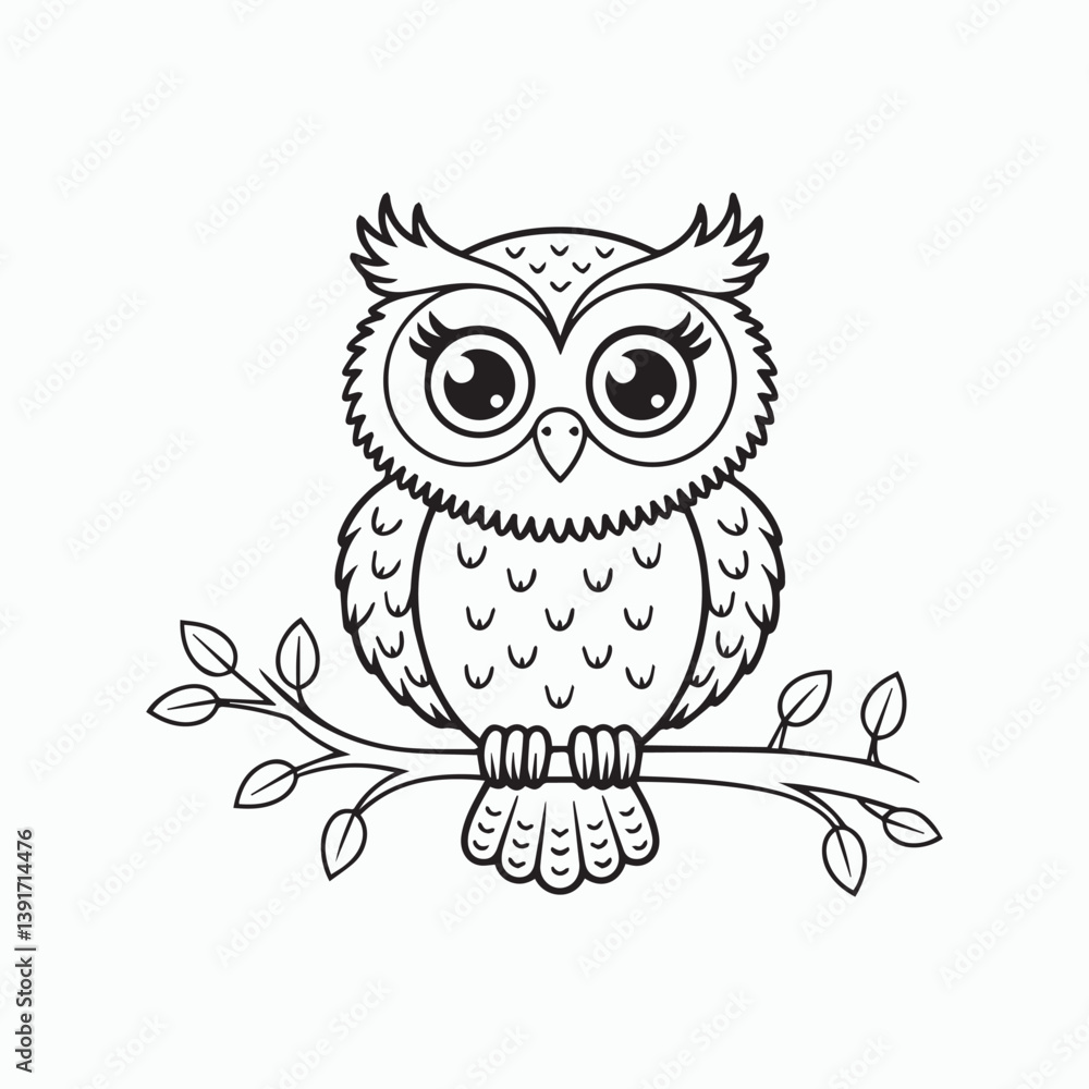Fototapeta premium Cute Cartoon Owl on a Branch – Black and White Line Drawing, Child-Friendly Coloring Page vector art. International Children's Book Day.