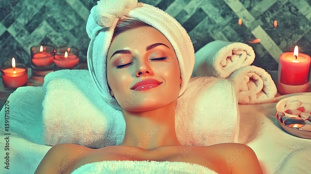transform your space: a serene poster of a mother embracing self-care with a home spa day - candles, skincare & soft towels for a relaxing retreat in your decor!