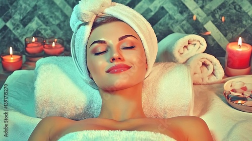 transform your space: a serene poster of a mother embracing self-care with a home spa day - candles, skincare & soft towels for a relaxing retreat in your decor!