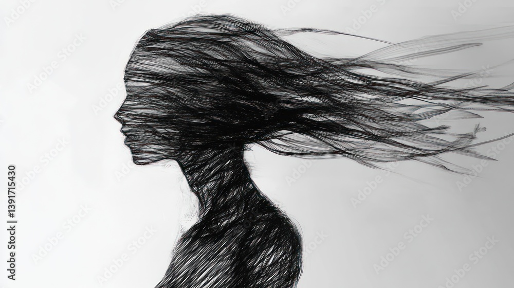 Fototapeta premium Windswept Woman Sketch, Abstract Profile, White Background