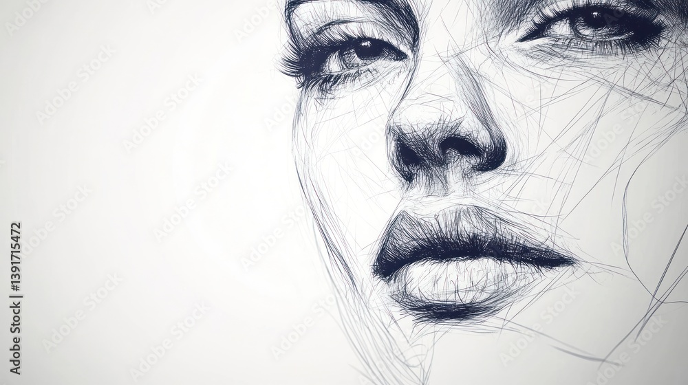 Obraz premium Pen-sketch portrait, woman's face, close-up, light background