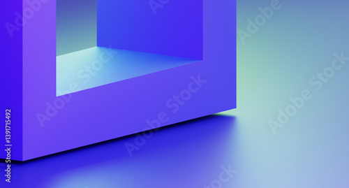 Fototapeta Naklejka Na Ścianę i Meble -  Abstract blue 3d background with square frame in turquoise light. Futuristic architecture design. Render digital graphic tech banner. Minimal geometric wallpaper with purple gradient. 3D illustration