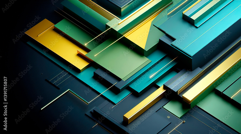 Modern abstract background in green, dark blue, and yellow. Minimalist. Color gradient. Geometric shape. Lines, stripes, triangles, angles, and 3D shadows. Futuristic design. Metallic effect. Light sh