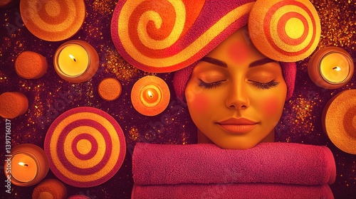 transform your space: a serene poster of a mother embracing self-care with a home spa day - candles, skincare & soft towels for a relaxing retreat in your decor!