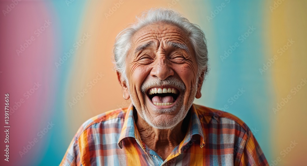 latin Hispanic elderly man on colorful plain bright background happy laughing hysterical looking at camera portrait banner with copy space ad concept marketing