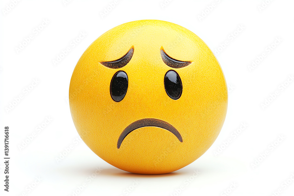 Fototapeta premium A sad yellow emoji with a frown against a white isolated background, conveying feelings of disappointment and sadness.