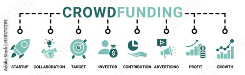 Crowdfunding web icon vector illustration concept with icon of startup, collaboration, target, investor, contribution, advertising, profit, growth
