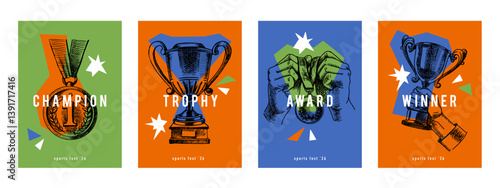 Banners with sport trophies, medals, and cups hand drawn in vintage sketch style. Celebration of athletic victory, motivation, and team spirit. Vector illustration