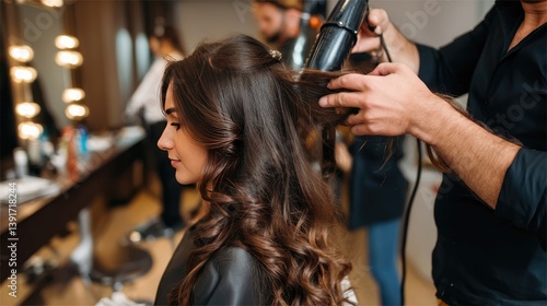 A hairstylist blow dries a womans long brown hair carefully