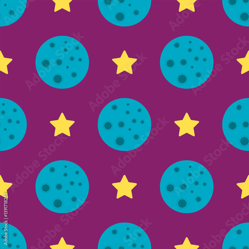 Seamless pattern with vector cartoon moon and star