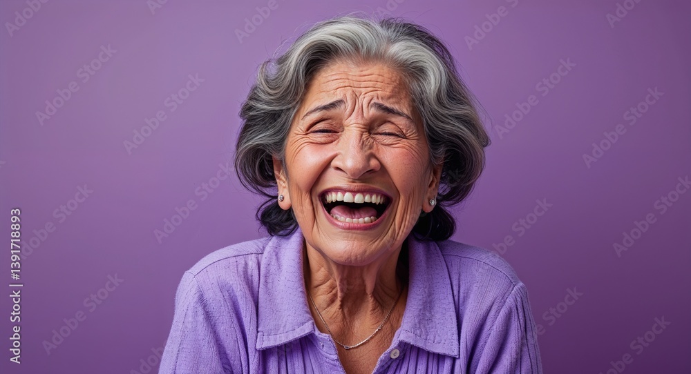 latin Hispanic elderly woman on purple plain bright background happy laughing hysterical looking at camera portrait banner with copy space ad concept marketing latin Hispanic elderly woman on purple plain bright background happy laughing hysterical looking at camera portrait banner with copy space ad concept marketing